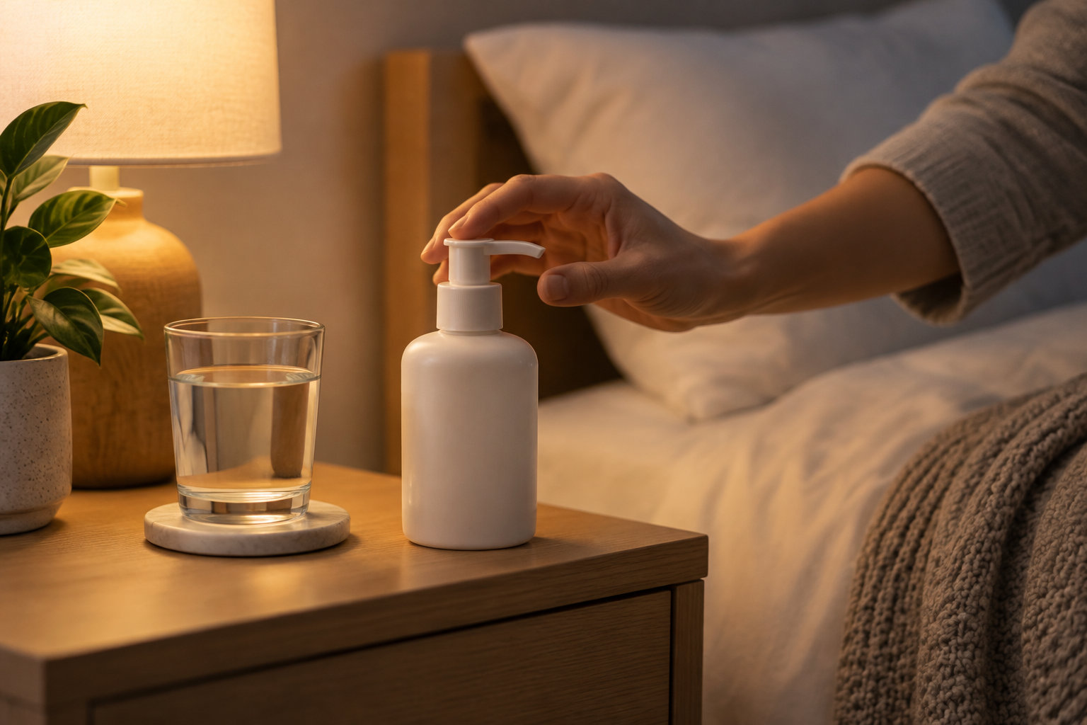 Une main appuie sur le distributeur d’un flacon blanc posé sur une table de chevet, à côté d’un verre d’eau, dans une chambre éclairée par une lampe.