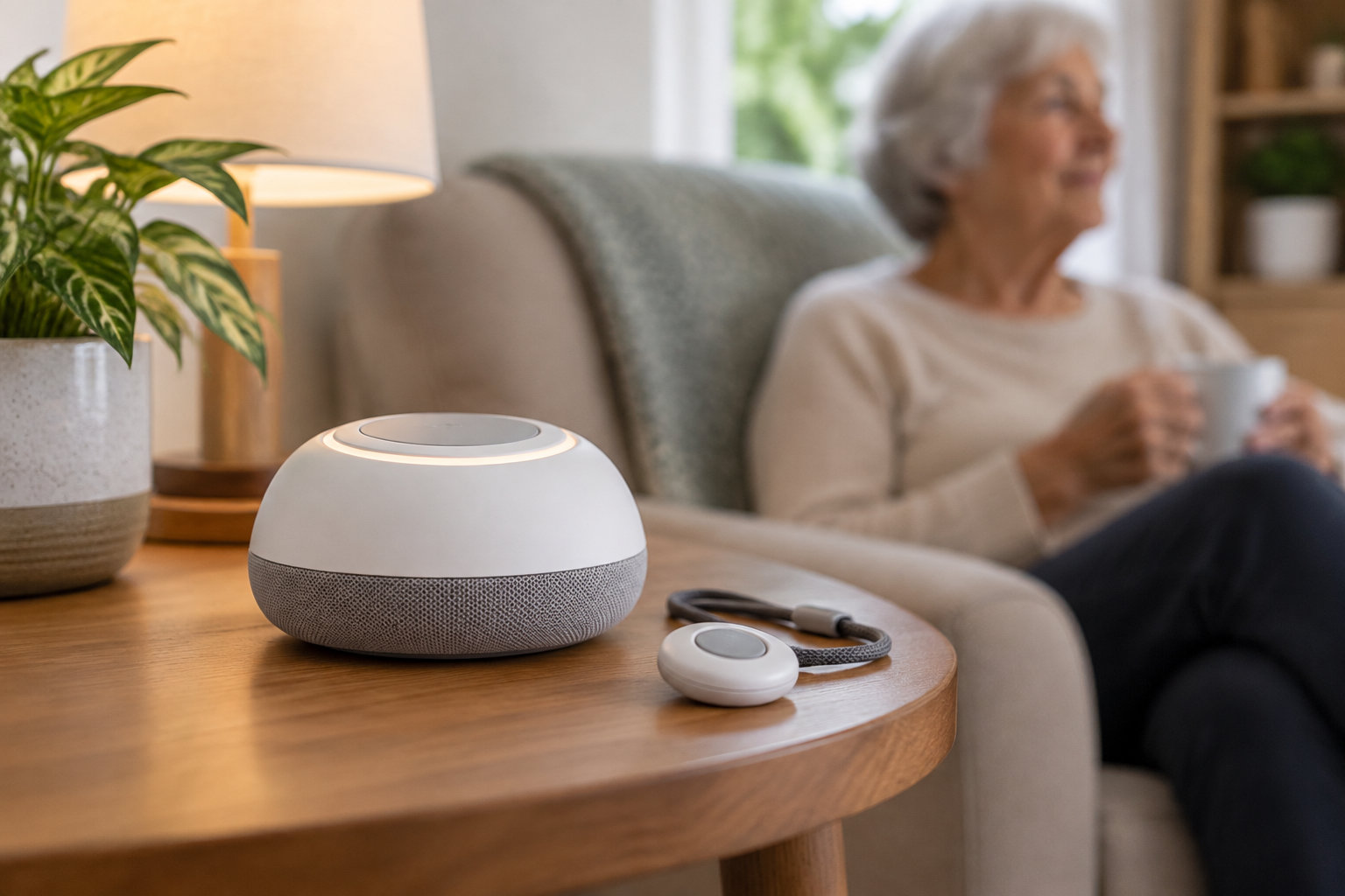 Un appareil blanc et une petite télécommande reposent sur une table basse, tandis qu’une femme âgée est assise dans un fauteuil avec une tasse à la main.
