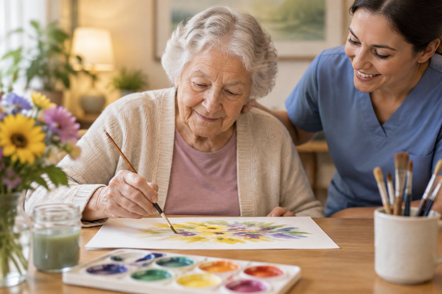Une femme âgée peint des fleurs à l’aquarelle, accompagnée d’une soignante qui l’encourage dans un intérieur chaleureux.