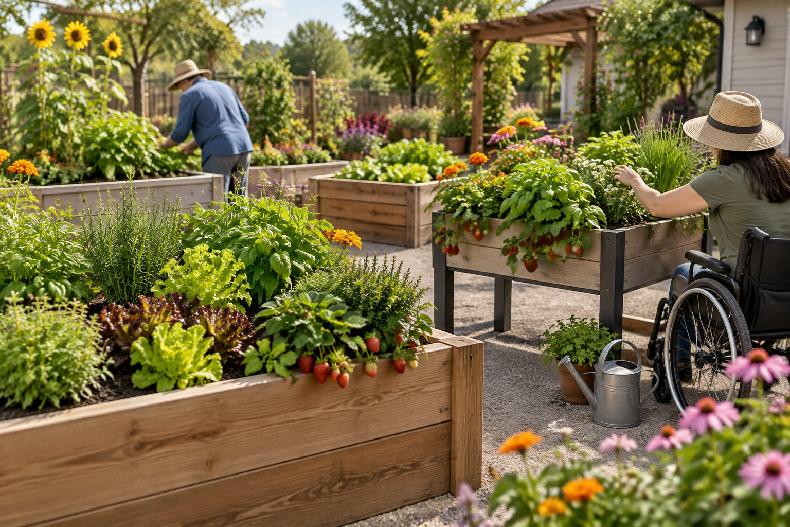 Une personne en fauteuil roulant jardine près de bacs surélevés remplis de légumes, de fraises et de fleurs, tandis qu’une autre personne s’occupe des plantations en arrière-plan.