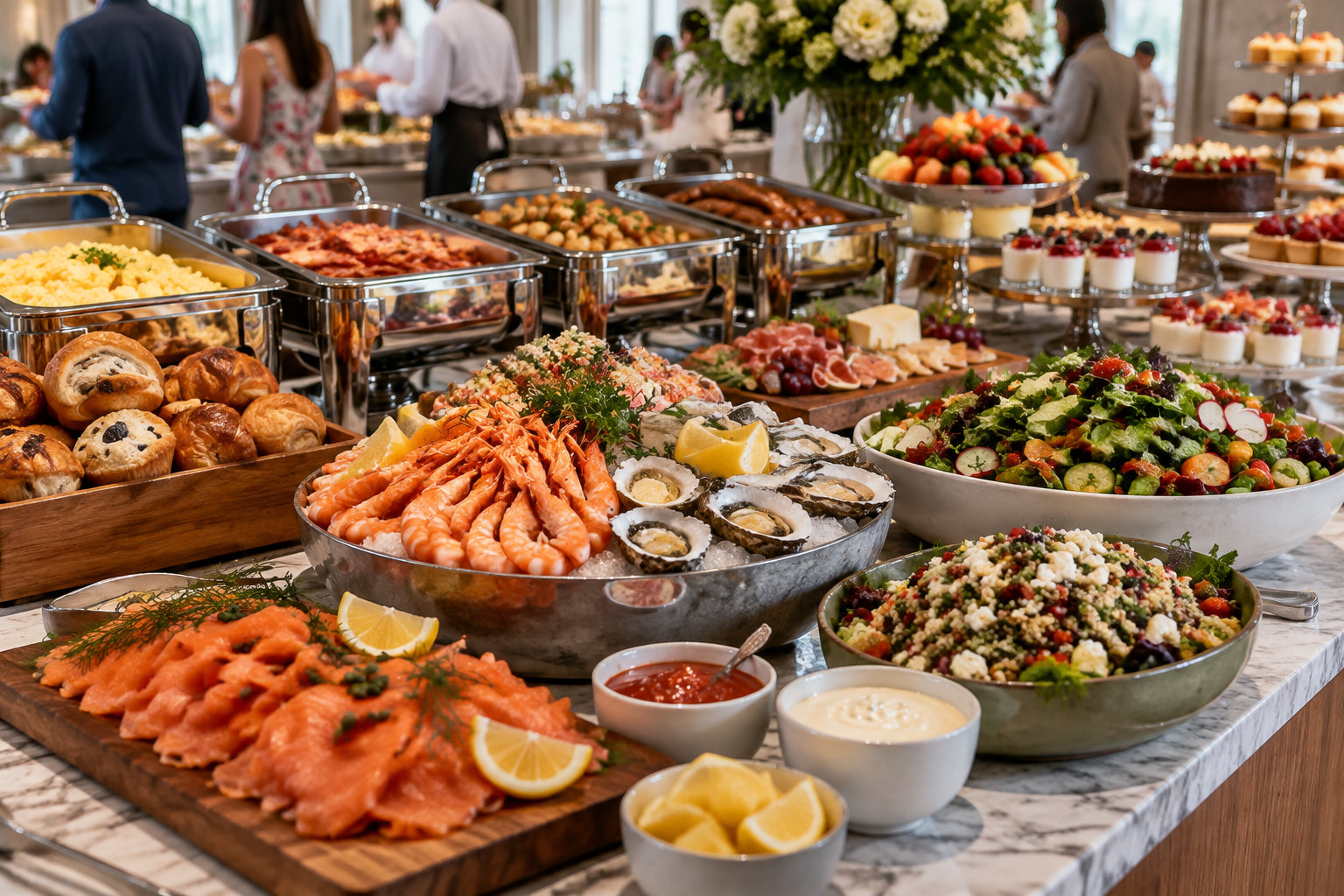 Un buffet garni de plats chauds, de pains, de saumon fumé, de crevettes, d’huîtres, de salades et de desserts, avec des convives à l’arrière-plan.