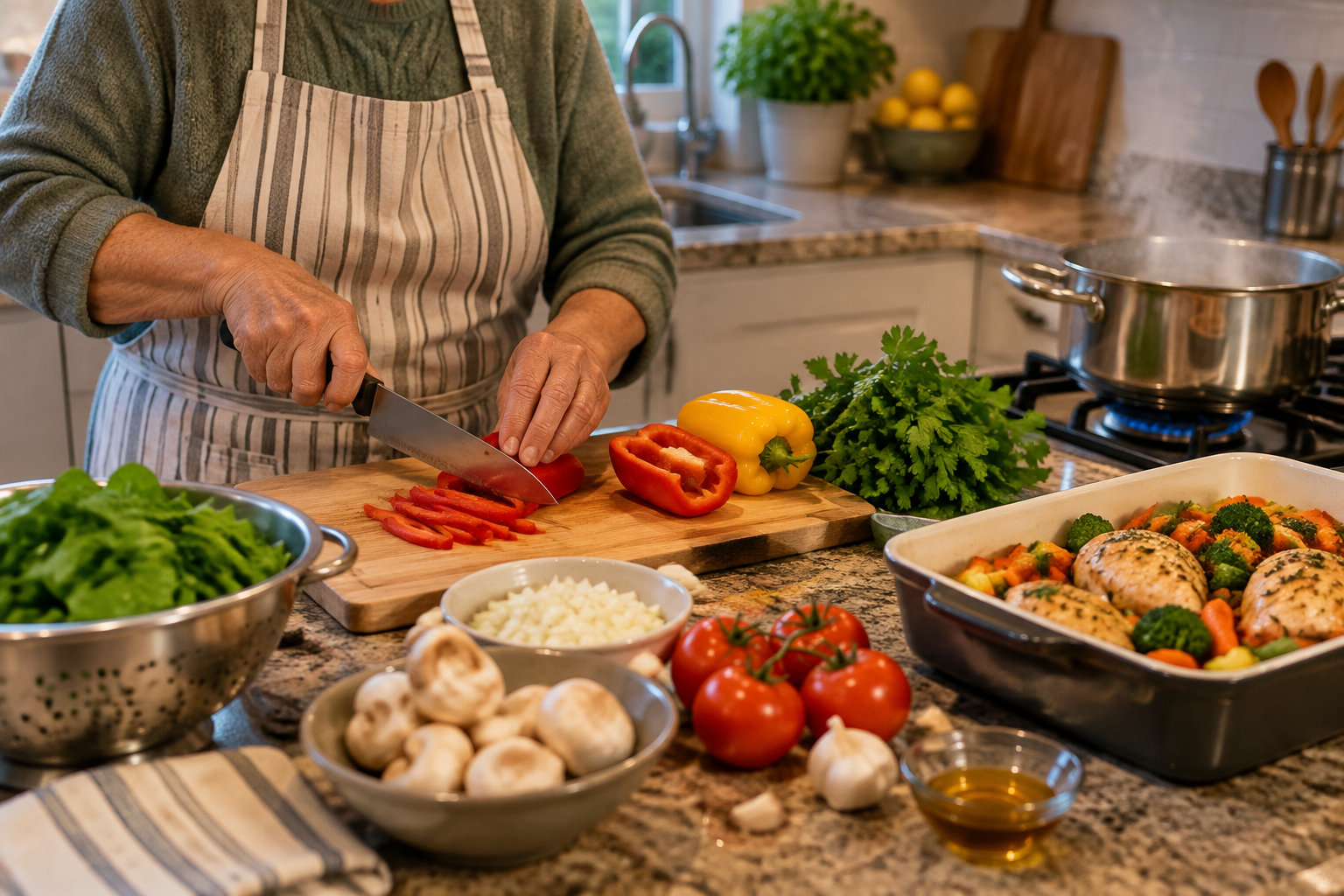 Une personne en tablier rayé coupe un poivron sur une planche, entourée de légumes et d’un plat de poulet et légumes dans une cuisine.