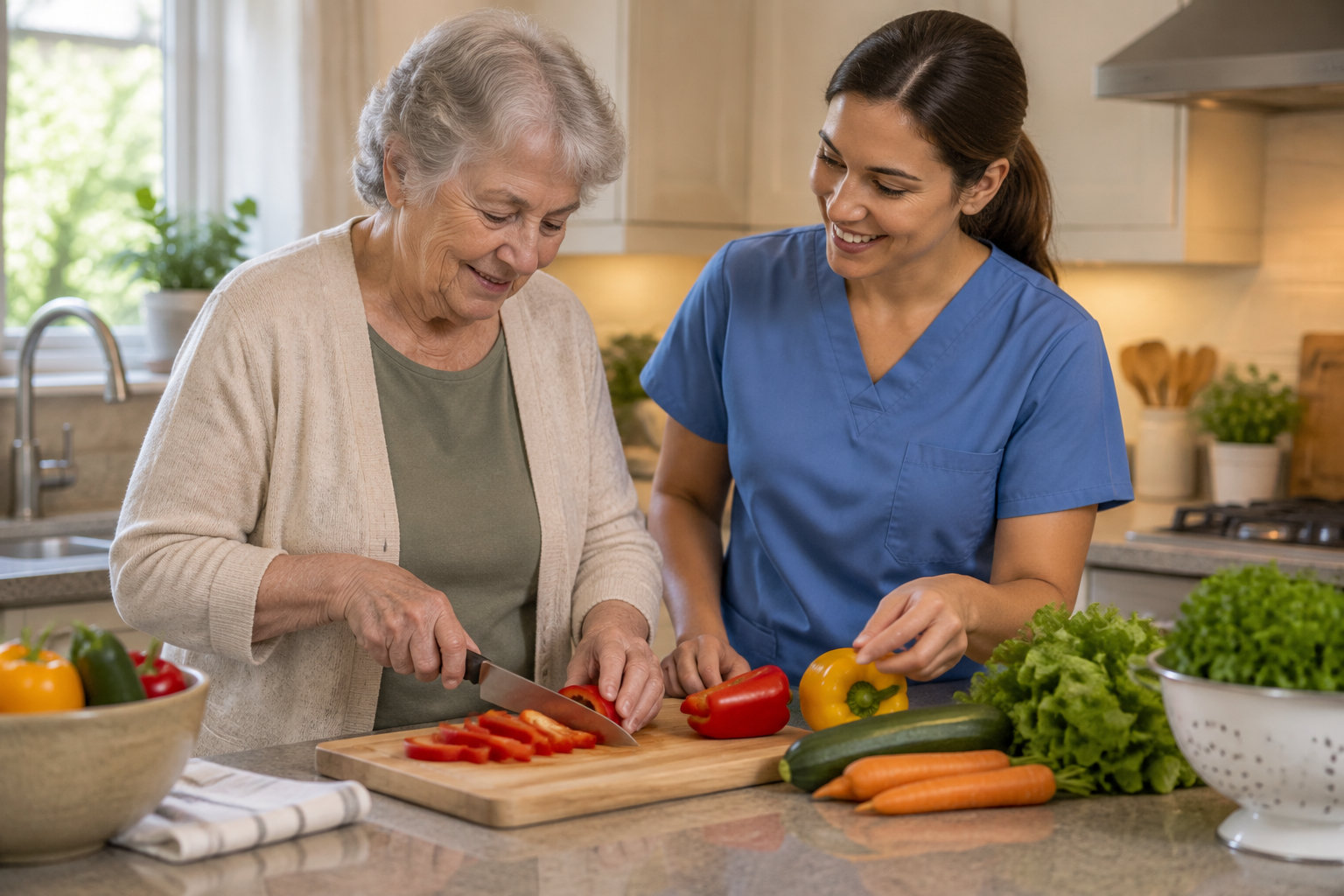 Une femme âgée et une soignante souriantes préparent des légumes ensemble dans une cuisine.