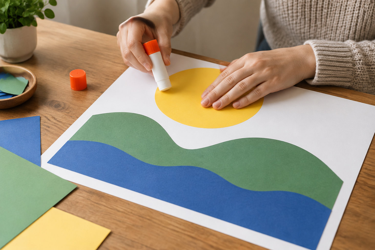 Une personne colle un cercle jaune sur une feuille où sont disposées des bandes de papier bleue et verte, sur une table en bois.