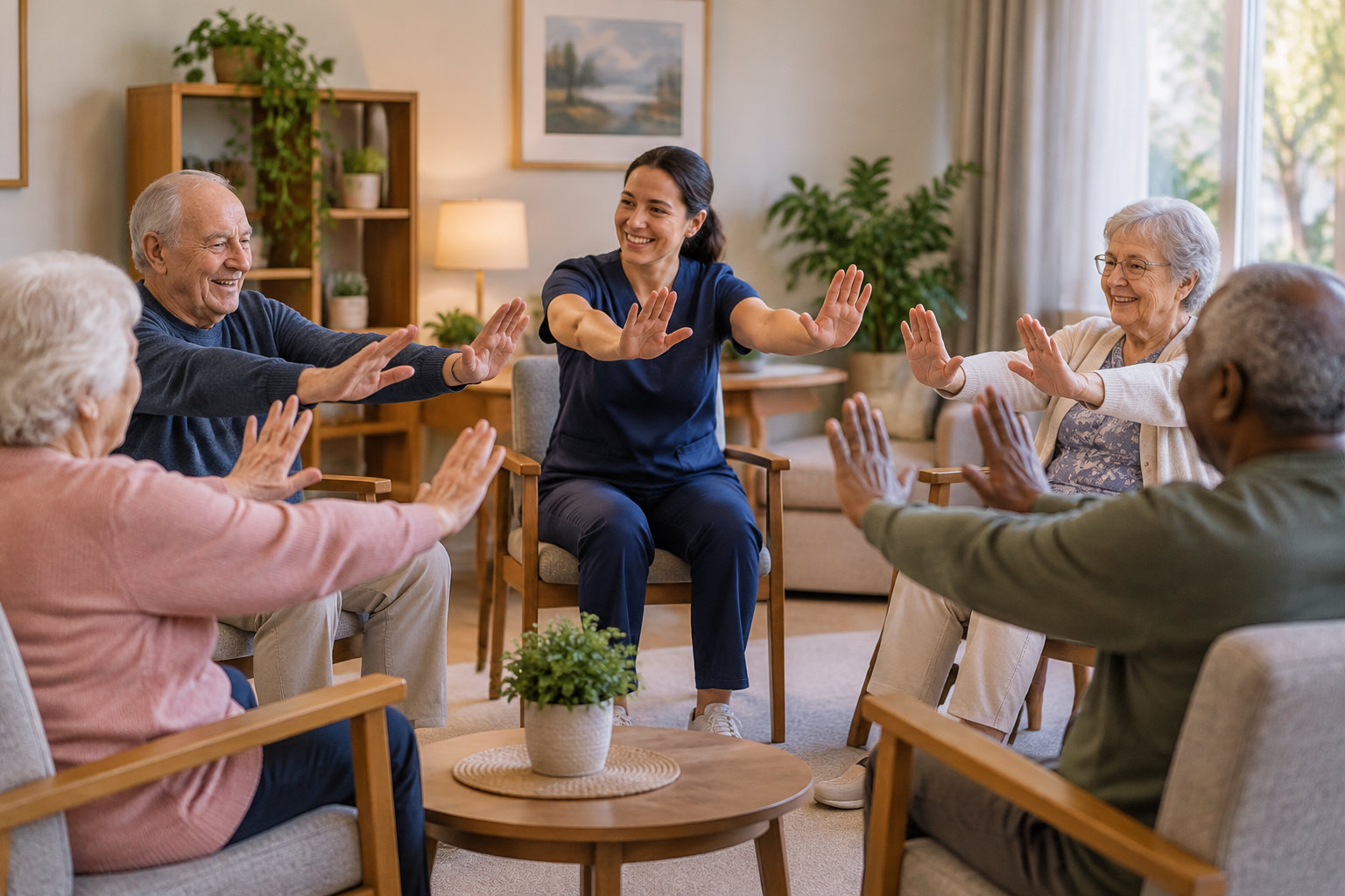Une soignante assise au centre guide quatre personnes âgées assises en cercle dans une série de mouvements des bras.