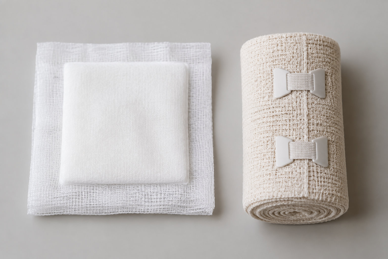 Une compresse de gaze et un rouleau de bandage beige à attaches blanches sont posés sur une surface claire.