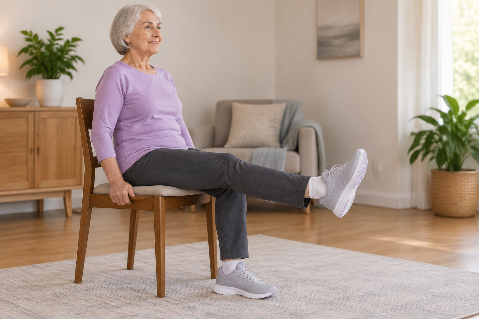Une femme âgée assise sur une chaise tend une jambe devant elle dans un salon lumineux.
