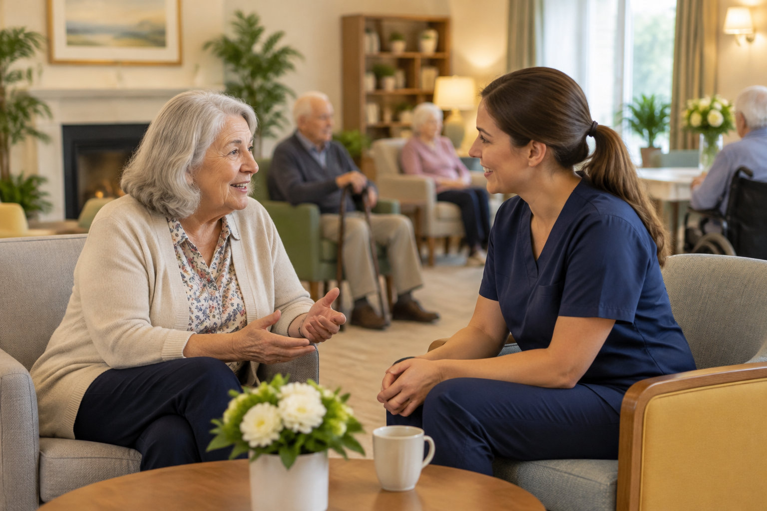 Une soignante en tenue bleu marine échange avec une femme âgée assise dans un salon, tandis que d’autres personnes sont visibles à l’arrière-plan.