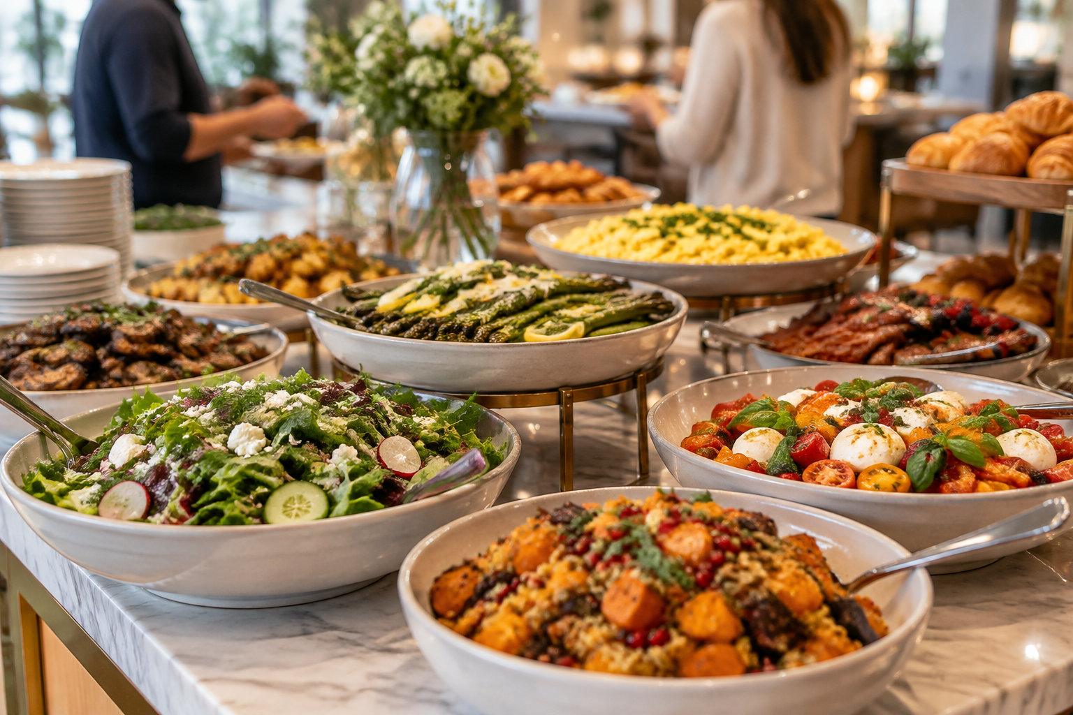 Un buffet présente des bols de salades, de légumes cuits et de pâtisseries, avec des assiettes empilées et des personnes à l’arrière-plan.