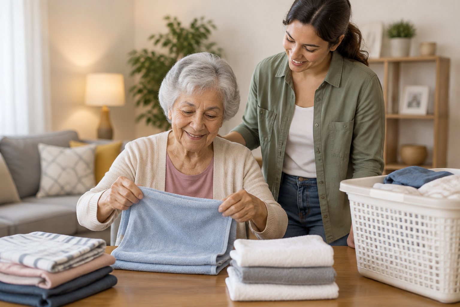 Une femme âgée plie une serviette bleue tandis qu’une jeune femme l’accompagne, près de piles de linge et d’un panier à linge dans un salon.