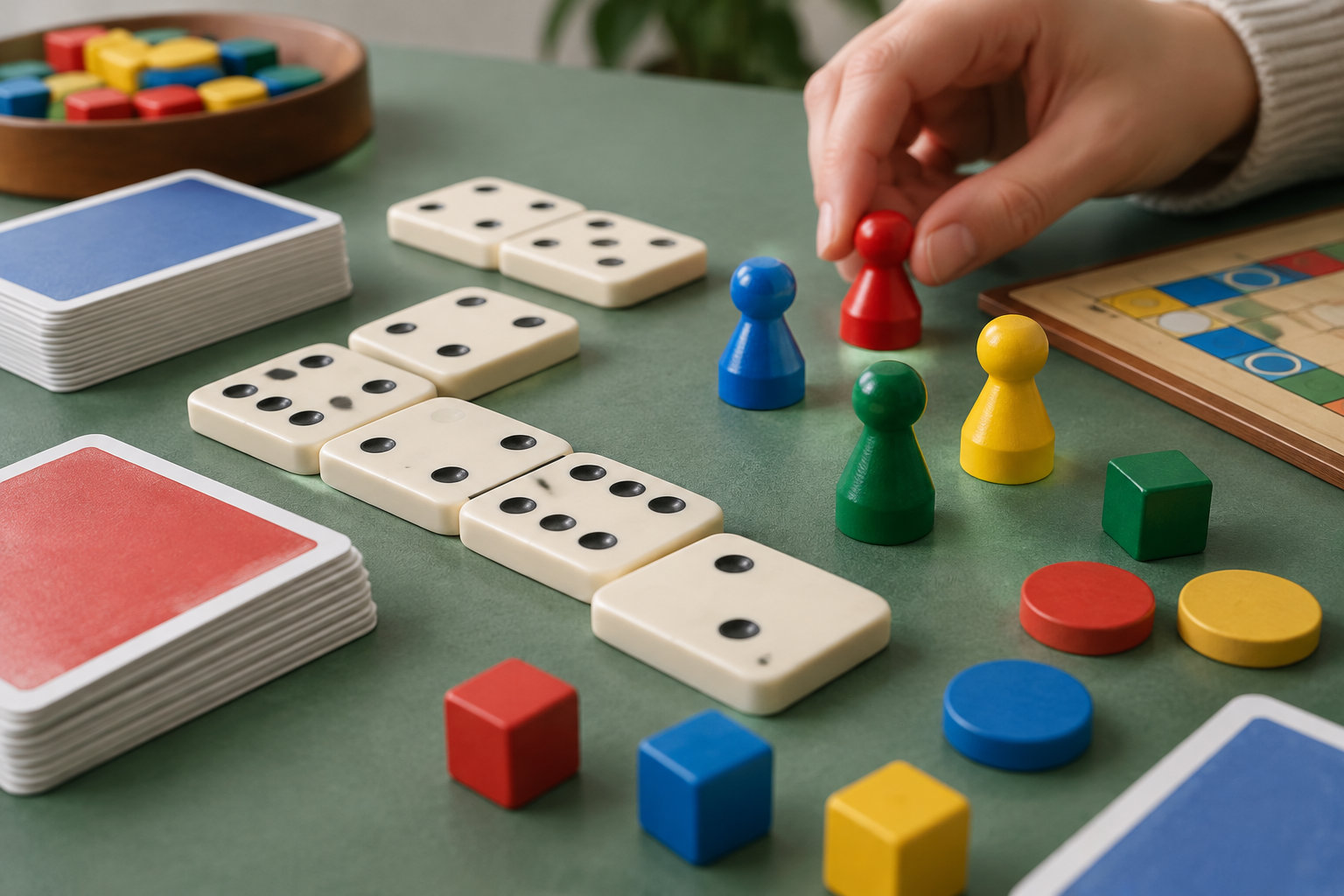 Une main place un pion rouge parmi des dominos, des pions colorés, des cartes et des pièces de jeux de société posés sur une table verte.
