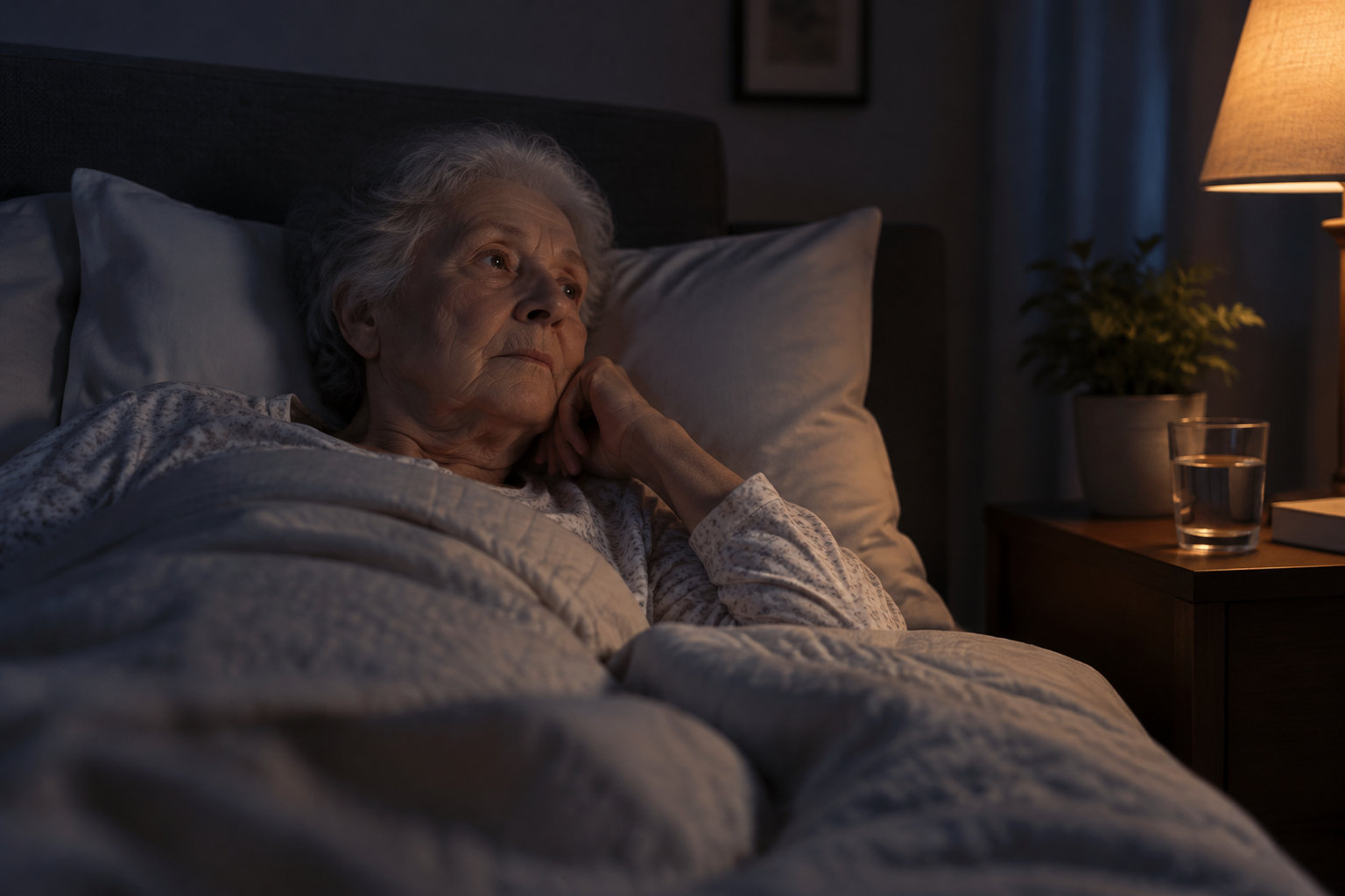 Une femme âgée est assise dans son lit, la main contre le visage, dans une chambre éclairée par une lampe de chevet.