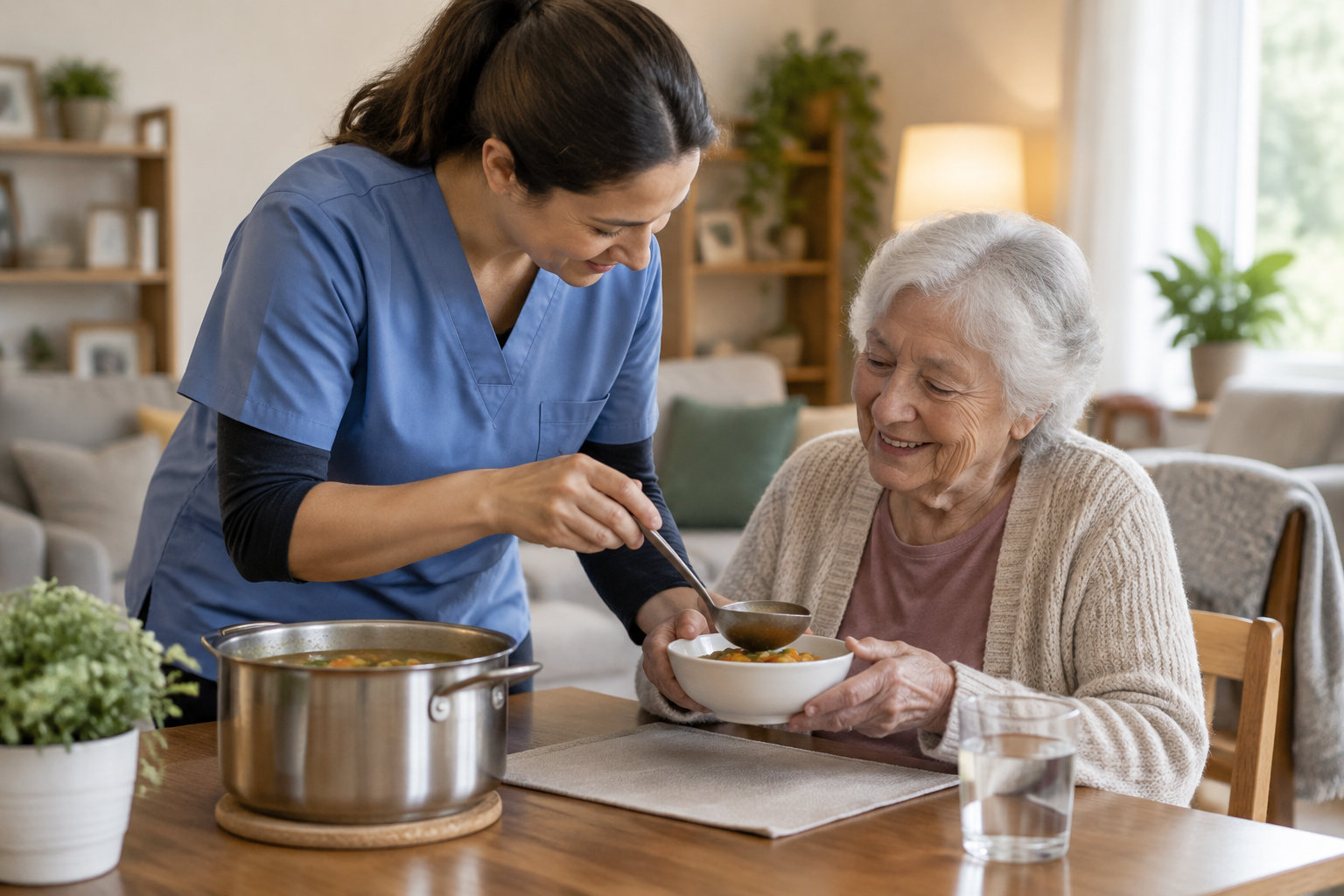 Une aide-soignante sert un bol de soupe à une femme âgée assise à une table dans un salon.