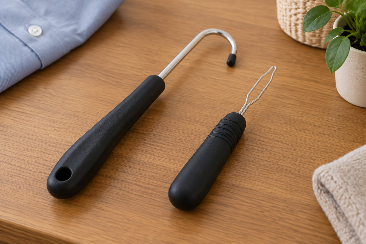 Deux ustensiles à manche noir avec tiges métalliques sont posés sur une table en bois, près d’un vêtement, d’une plante et d’un tissu beige.