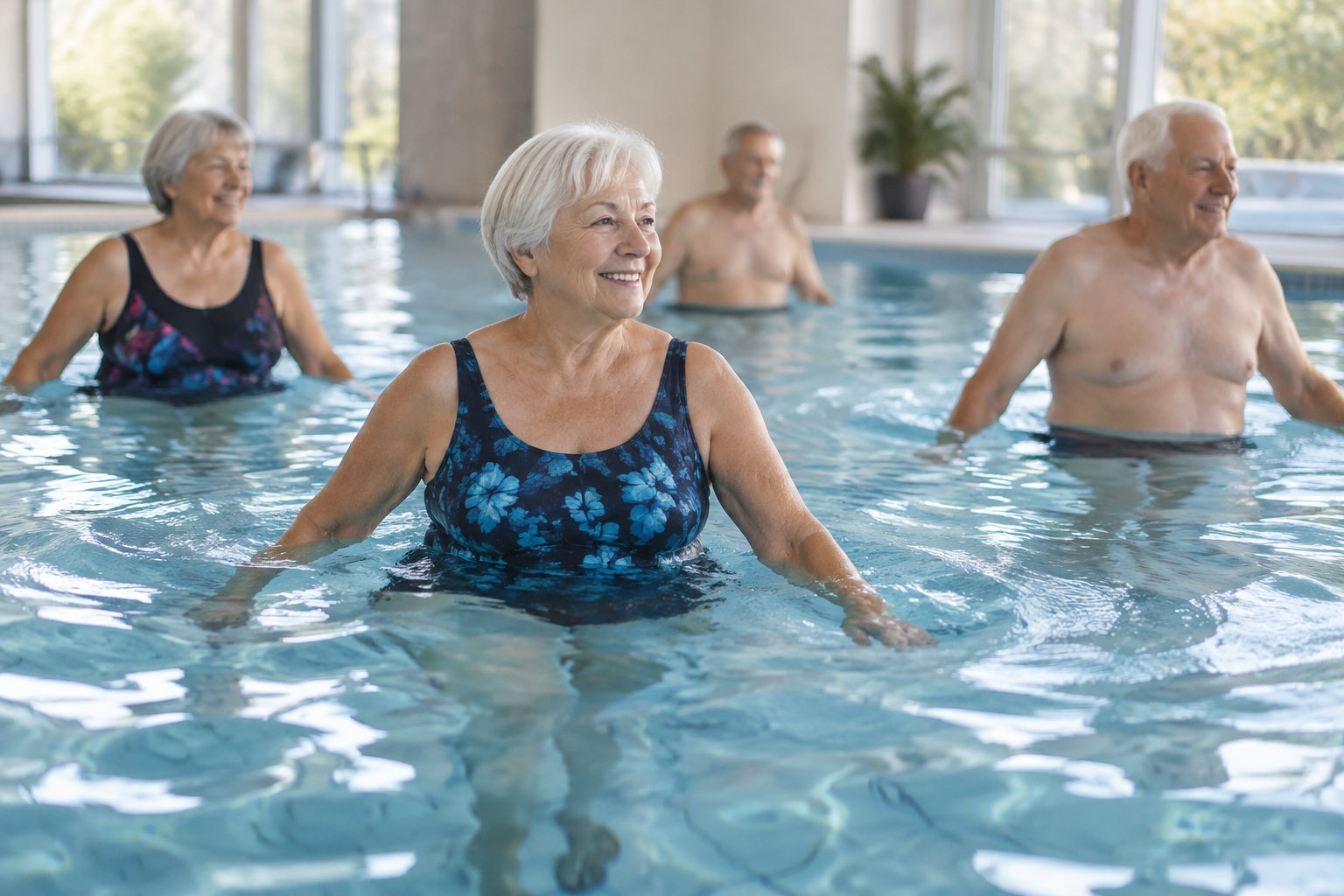 Quatre personnes âgées souriantes se tiennent dans une piscine intérieure, l’eau leur arrivant à la taille.