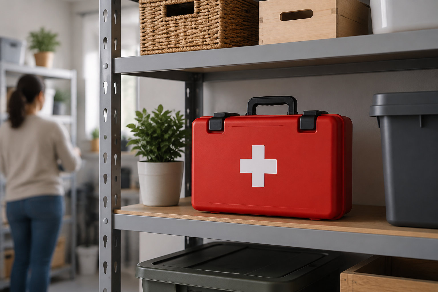Une trousse de premiers secours rouge marquée d’une croix blanche est posée sur une étagère, près d’une plante, de boîtes de rangement et d’une personne de dos.