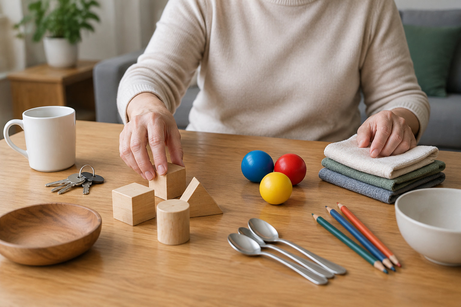 Une personne assise à une table manipule un cube en bois, près de balles colorées, de clés, de crayons, de cuillères, d’une tasse, d’un bol et de serviettes pliées.