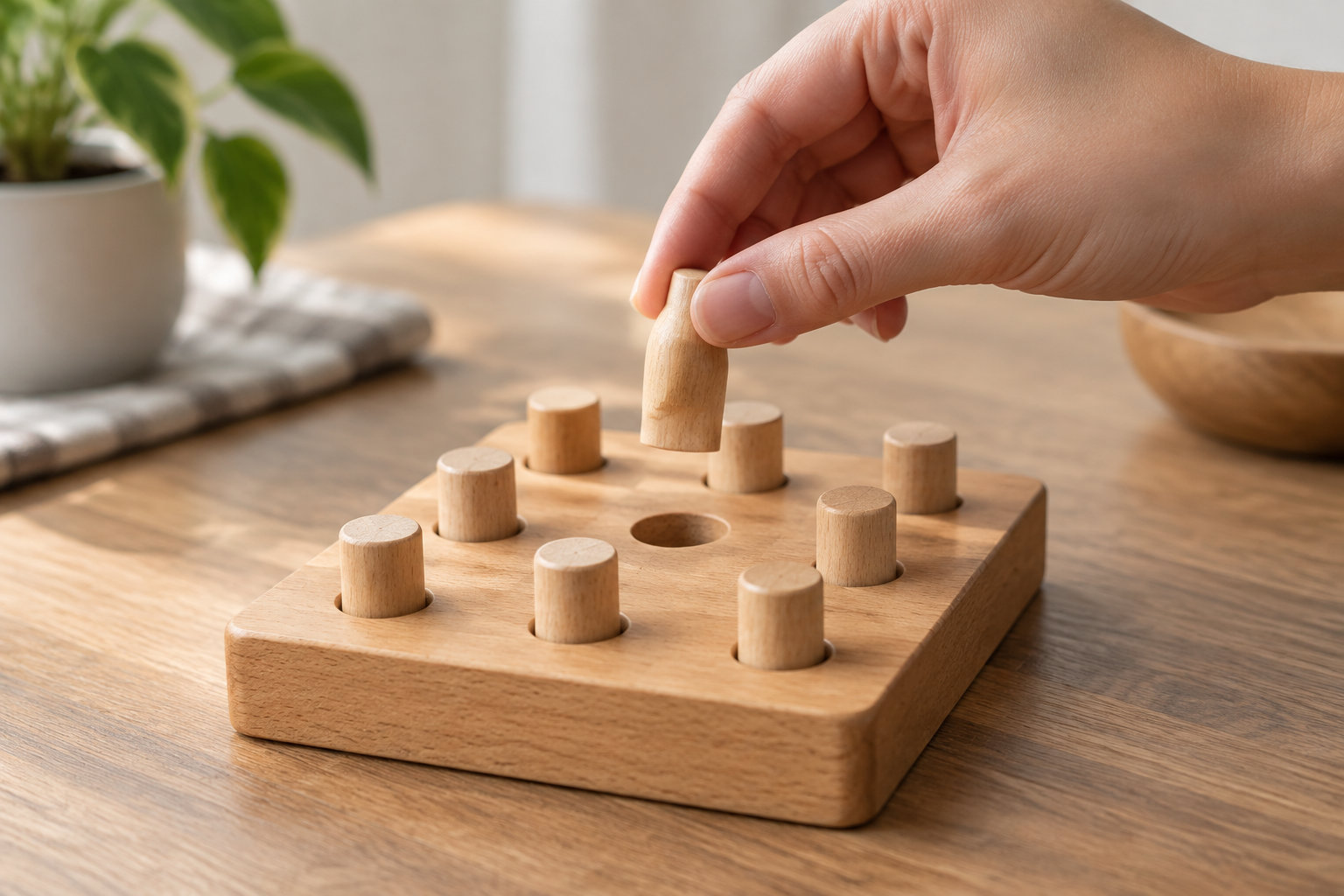 Une main tient une cheville en bois au-dessus d’un plateau de jeu en bois percé de trous, posé sur une table.