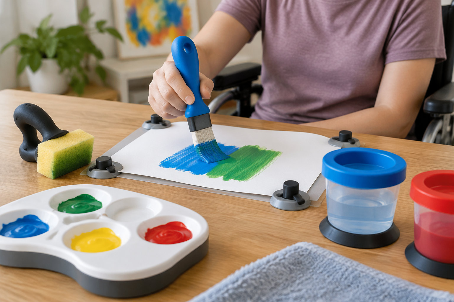 Une personne en fauteuil roulant peint des traits bleus et verts sur une feuille, avec des pots de peinture, une palette et des pinceaux sur la table.