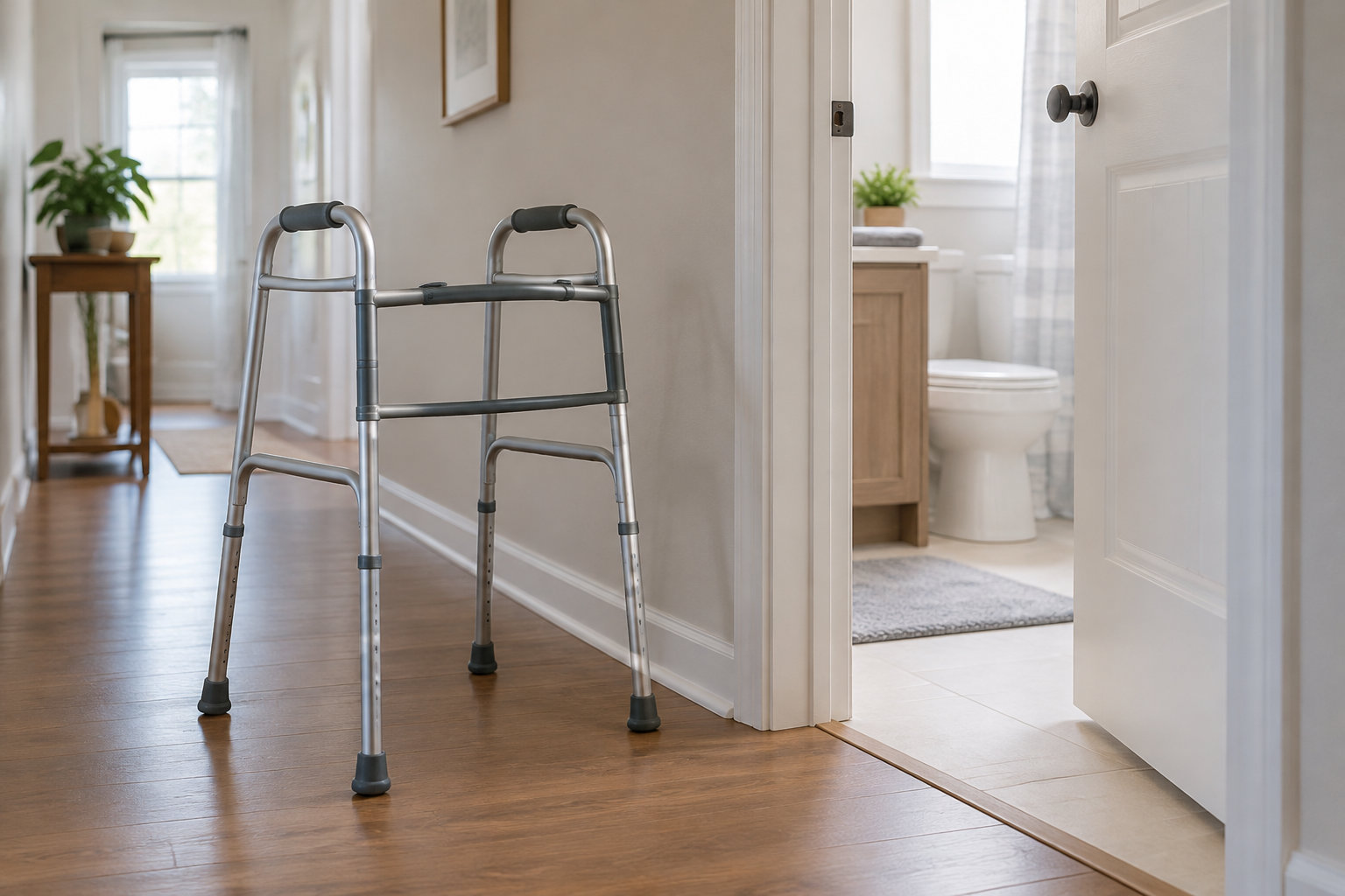 Un déambulateur se trouve dans un couloir devant la porte ouverte d’une salle de bains où l’on aperçoit des toilettes.