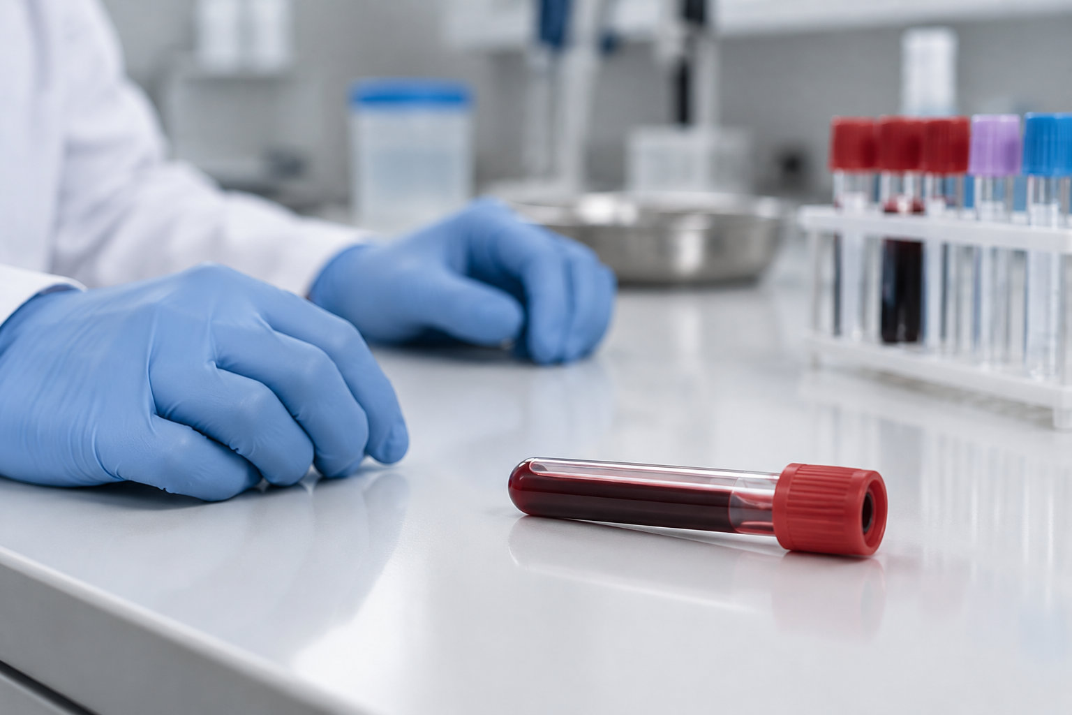 Un tube contenant du sang repose sur une paillasse de laboratoire, devant une personne portant des gants bleus et un portoir de tubes.