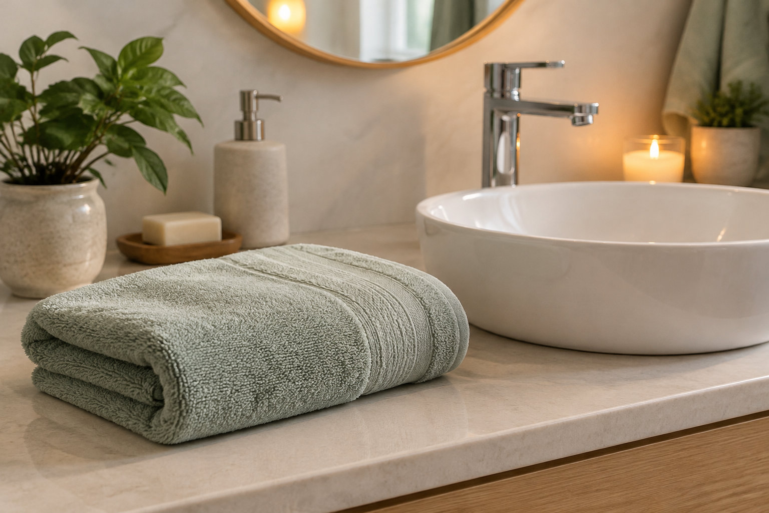 Une serviette verte pliée repose sur un plan de toilette en pierre, devant une vasque blanche, un robinet chromé, un porte-savon et des plantes, dans une salle de bains éclairée par des bougies.
