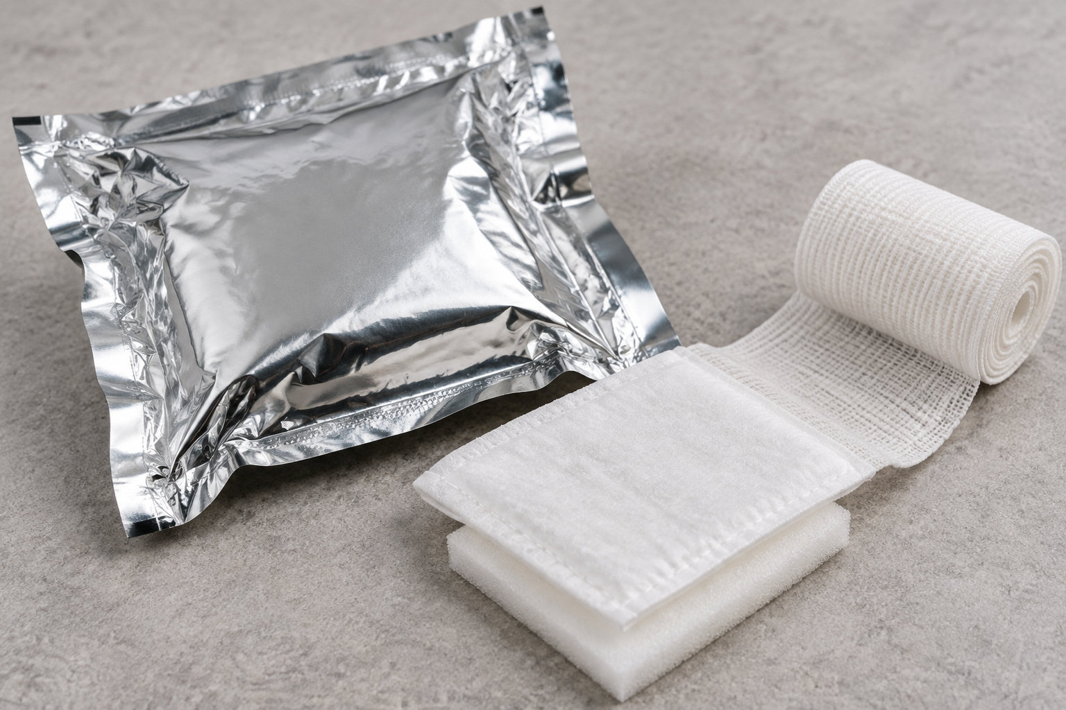 Illustration générique de bandes et de compresses à côté d’un sachet métallisé, sans référence commerciale identifiable.