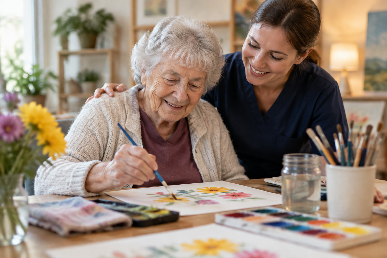 Une aide-soignante accompagne une femme âgée qui peint des fleurs à l’aquarelle, assise à une table avec des pinceaux et des pots de peinture.