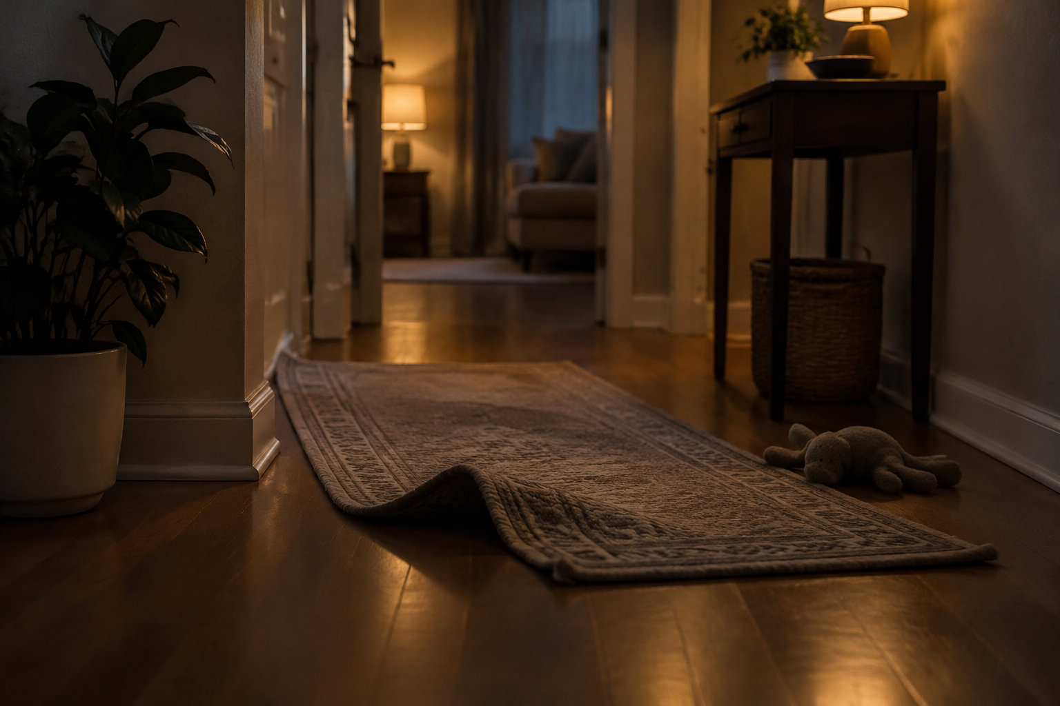 Un couloir sombre éclairé par des lampes, avec un tapis dont un bord est relevé, une plante en pot et une peluche au sol.