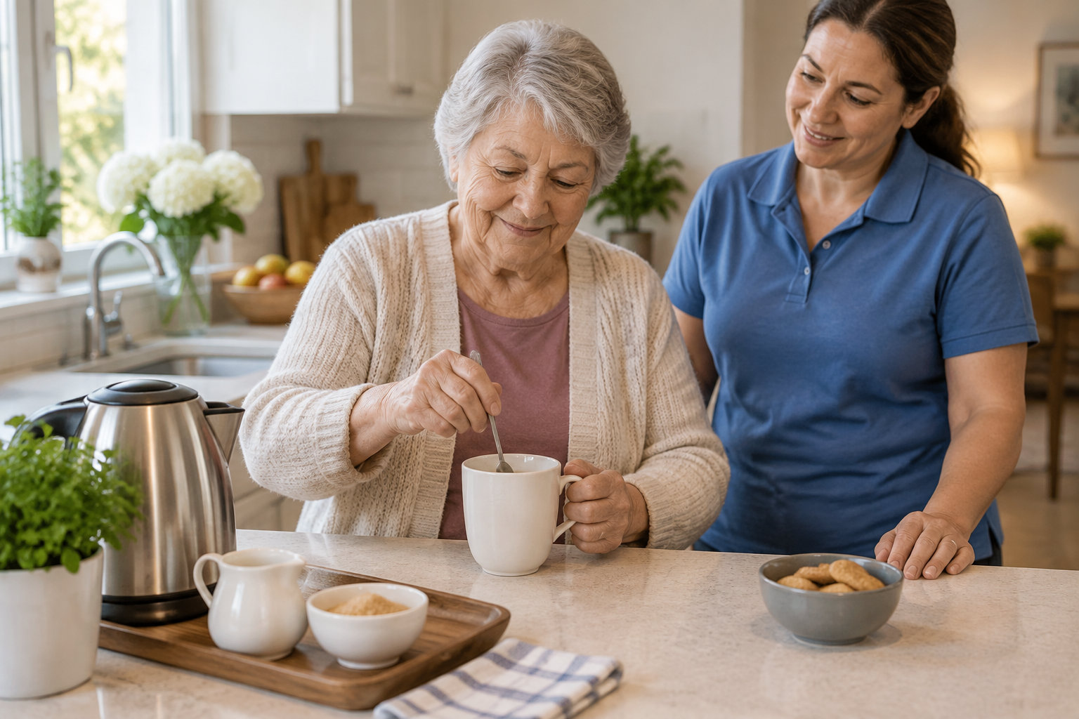 Une femme âgée remue une boisson dans une tasse, tandis qu’une autre femme se tient à ses côtés dans une cuisine.
