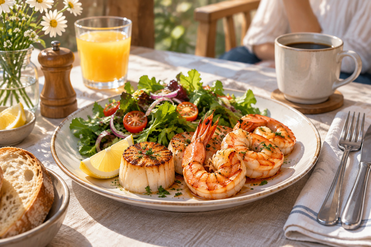 Une assiette de fruits de mer grillés, avec des crevettes, une noix de Saint-Jacques, une salade et du citron, est dressée sur une table ensoleillée avec du pain, un verre de jus d’orange et une tasse de café.