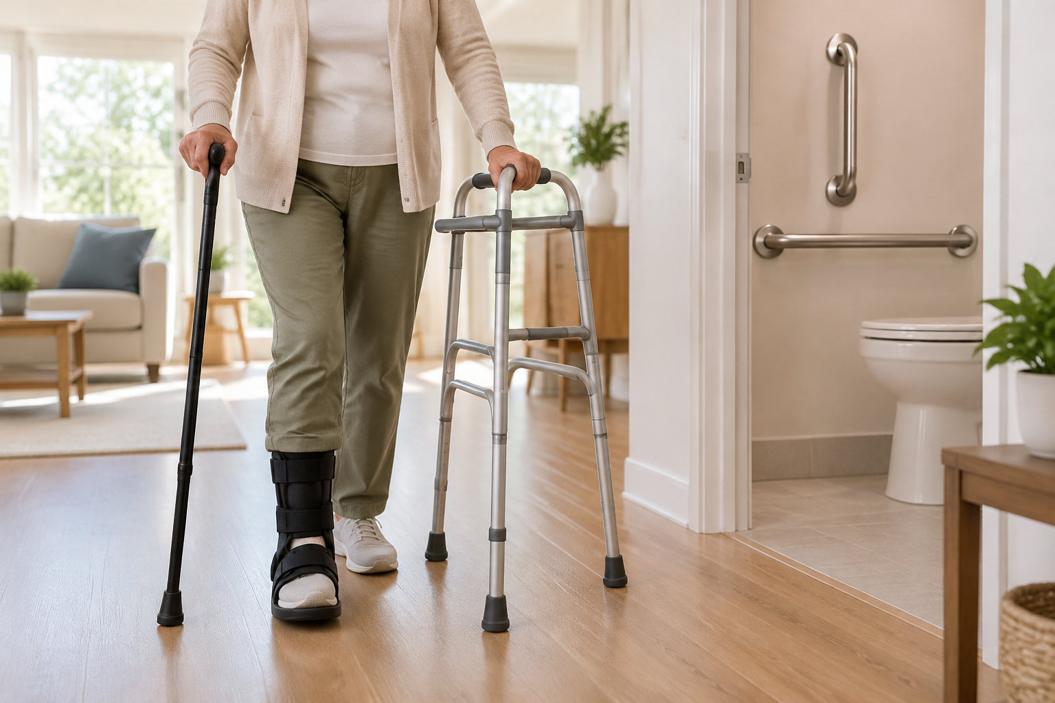 Une personne portant une botte orthopédique avance avec une canne et un déambulateur dans un logement, près d’une salle de bains équipée de barres d’appui.