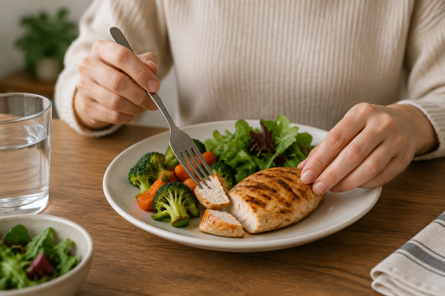 Une personne coupe du poulet grillé accompagné de légumes et de salade, avec un verre d’eau posé sur la table.