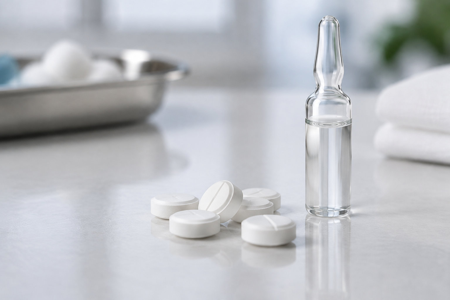 Une ampoule en verre remplie de liquide et plusieurs comprimés blancs sont posés sur une surface claire.