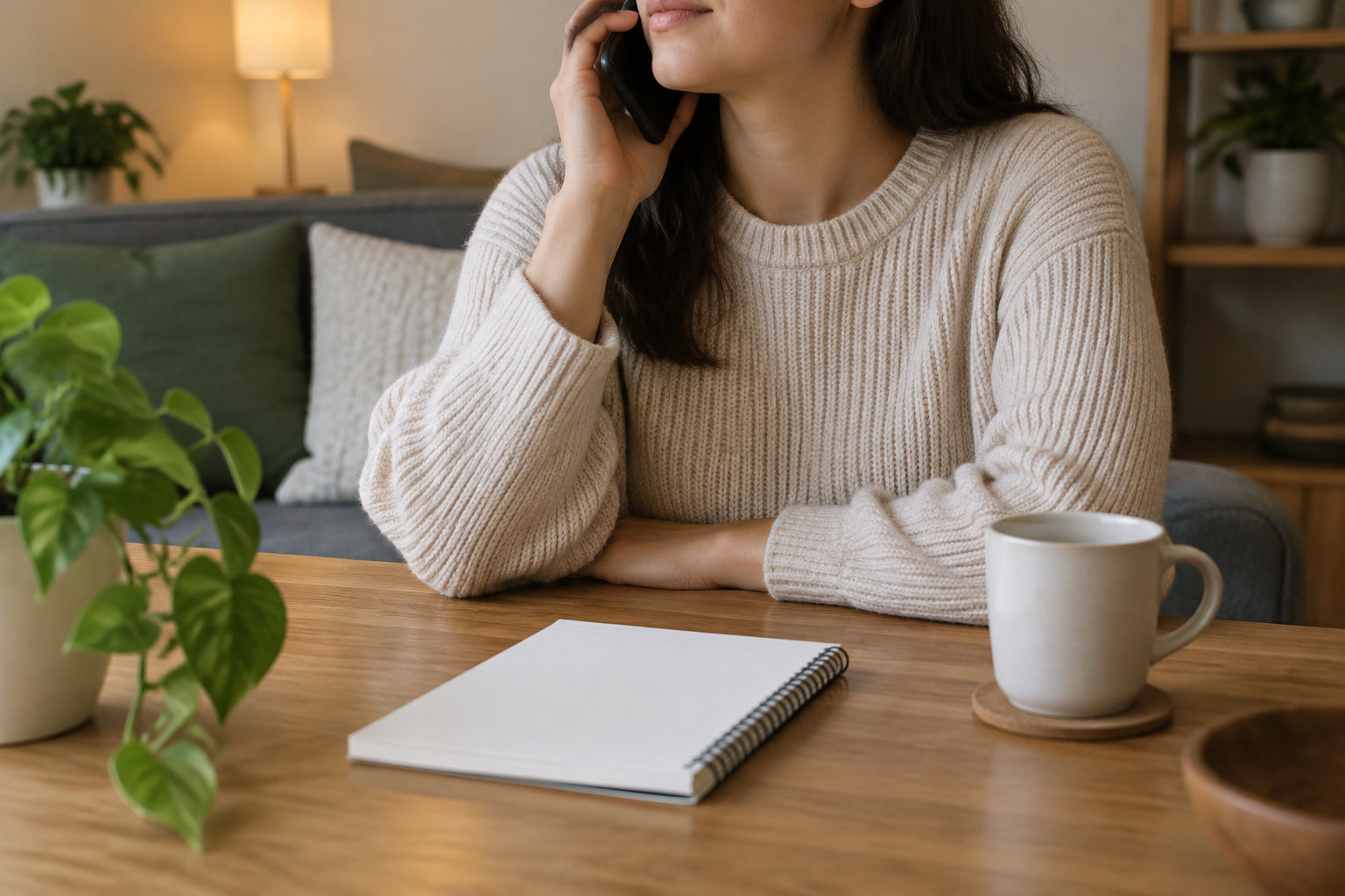 Une femme en pull clair téléphone à l’oreille, assise à une table en bois où se trouvent un carnet fermé et une tasse, dans un salon.