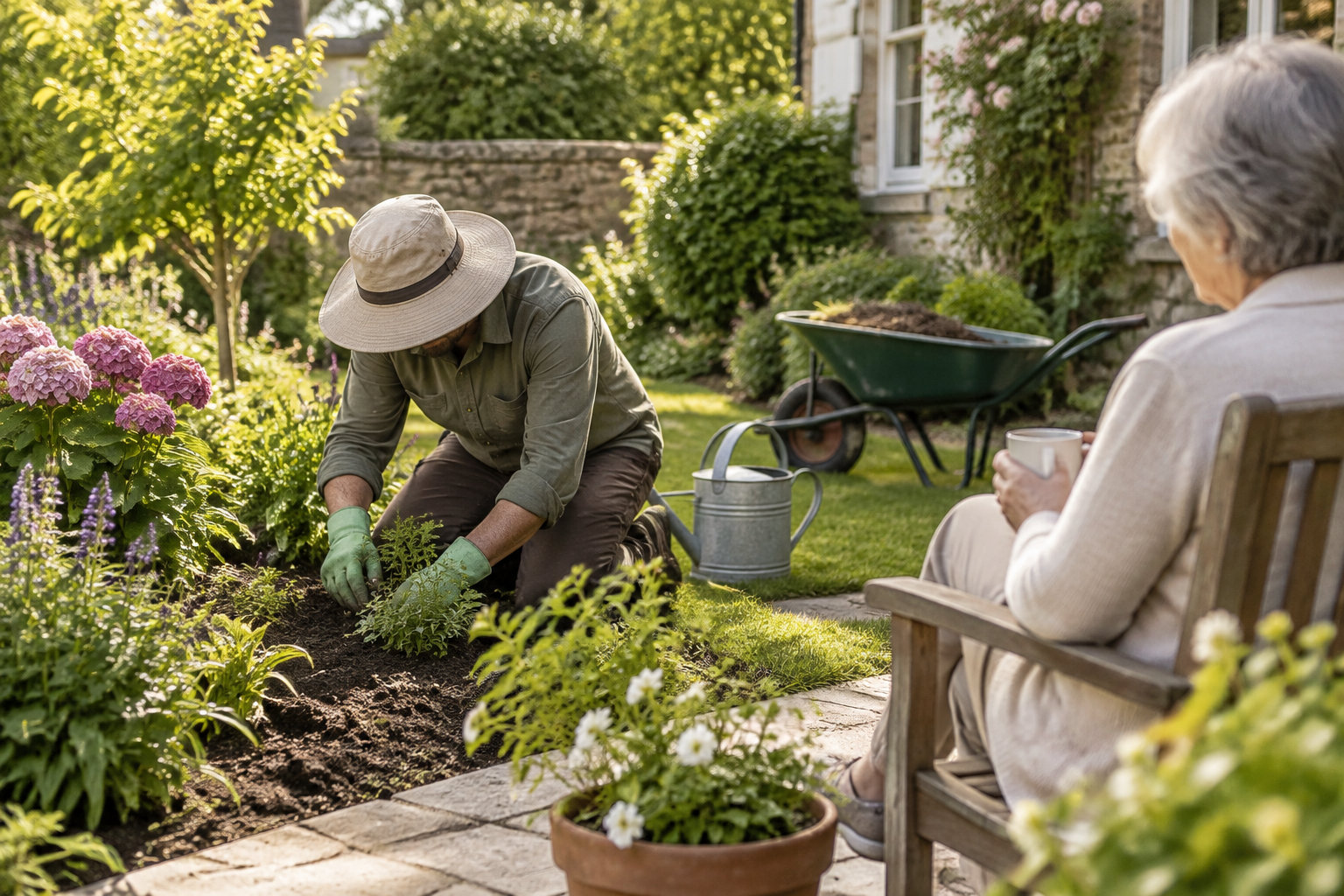 Un homme agenouillé plante des fleurs dans un jardin tandis qu’une femme âgée assise dans un fauteuil tient une tasse.