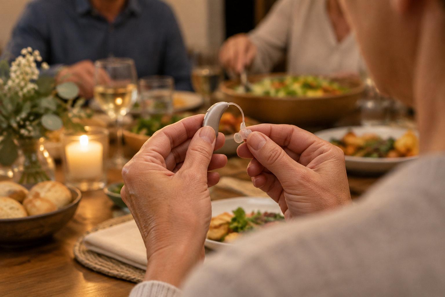 Une personne tient un appareil auditif entre ses doigts, à table lors d’un repas éclairé à la bougie.