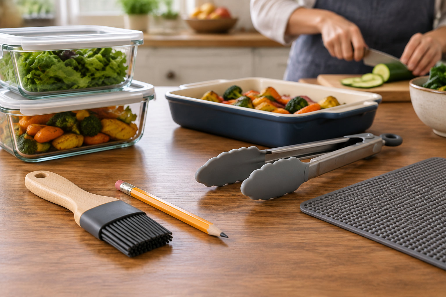 Une personne coupe un concombre dans une cuisine, près de plats de légumes rôtis, de contenants alimentaires, de pinces, d’un pinceau et d’un tapis de cuisson.
