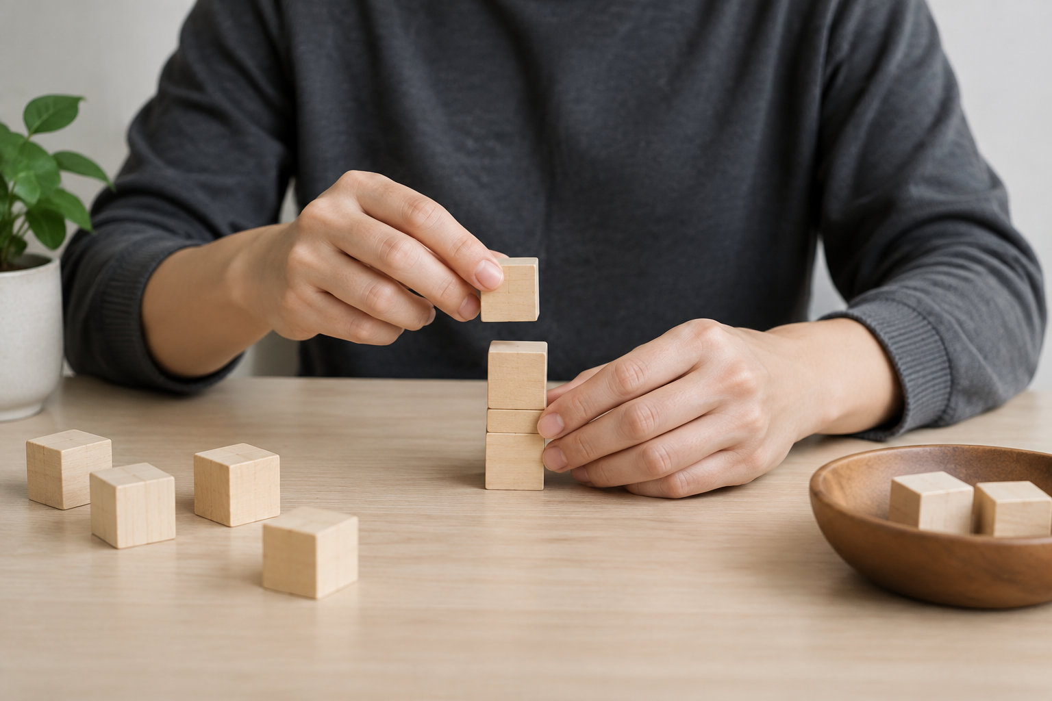 Une personne empile des cubes en bois sur une table, avec d’autres cubes éparpillés et un bol en bois à côté.