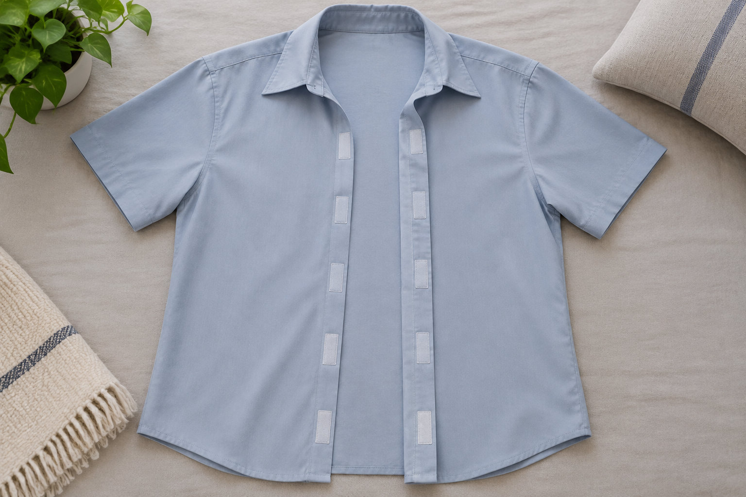 Une chemise bleu clair à manches courtes, dotée de bandes de fermeture, est posée à plat sur un tissu beige, près d’une plante et de couvertures pliées.