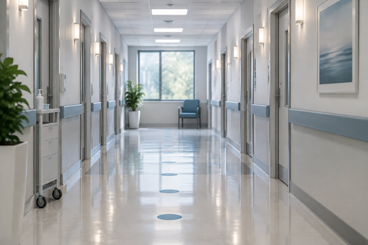Un couloir d’établissement de santé avec des portes, des plantes, une chaise et des repères bleus au sol.