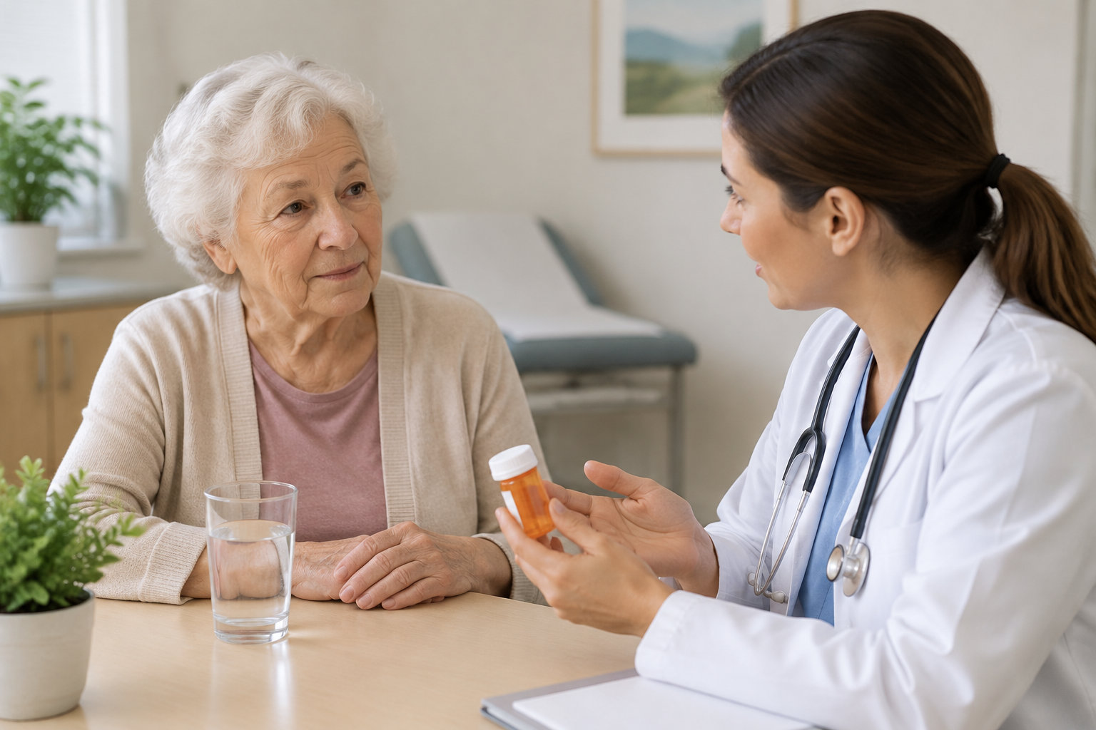 Une médecin montre un flacon de médicaments à une patiente âgée assise à une table, près d’un verre d’eau.