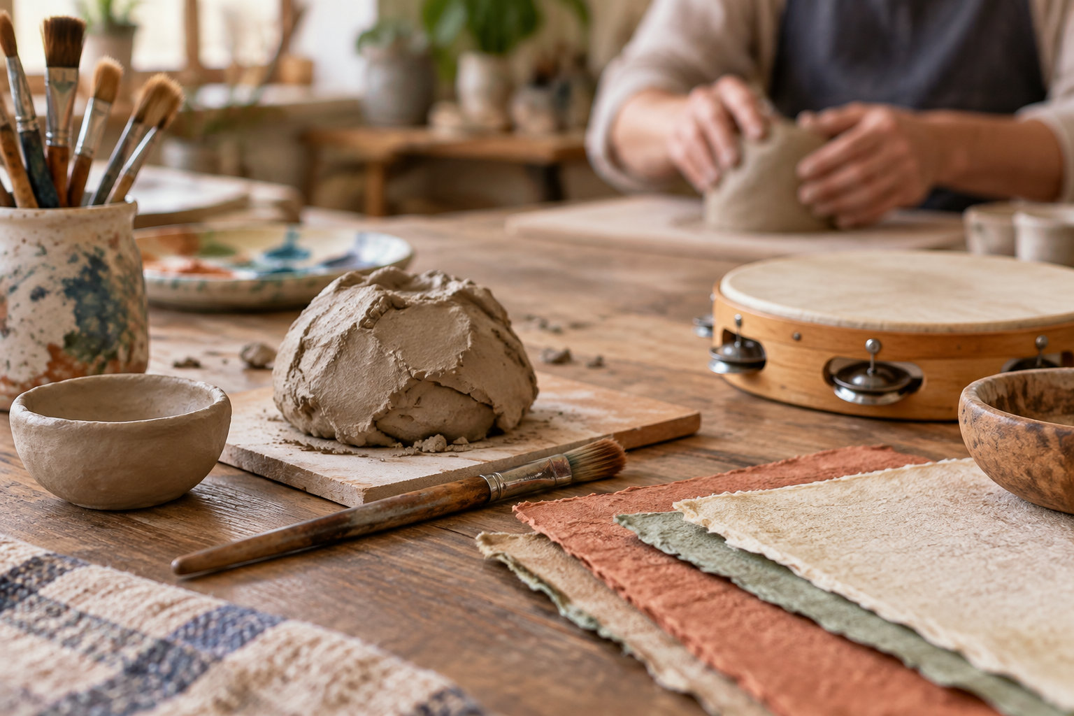 Une personne façonne de l’argile dans un atelier, entourée de pinceaux, de bols, de feuilles de papier et d’un tambourin posés sur une table en bois.