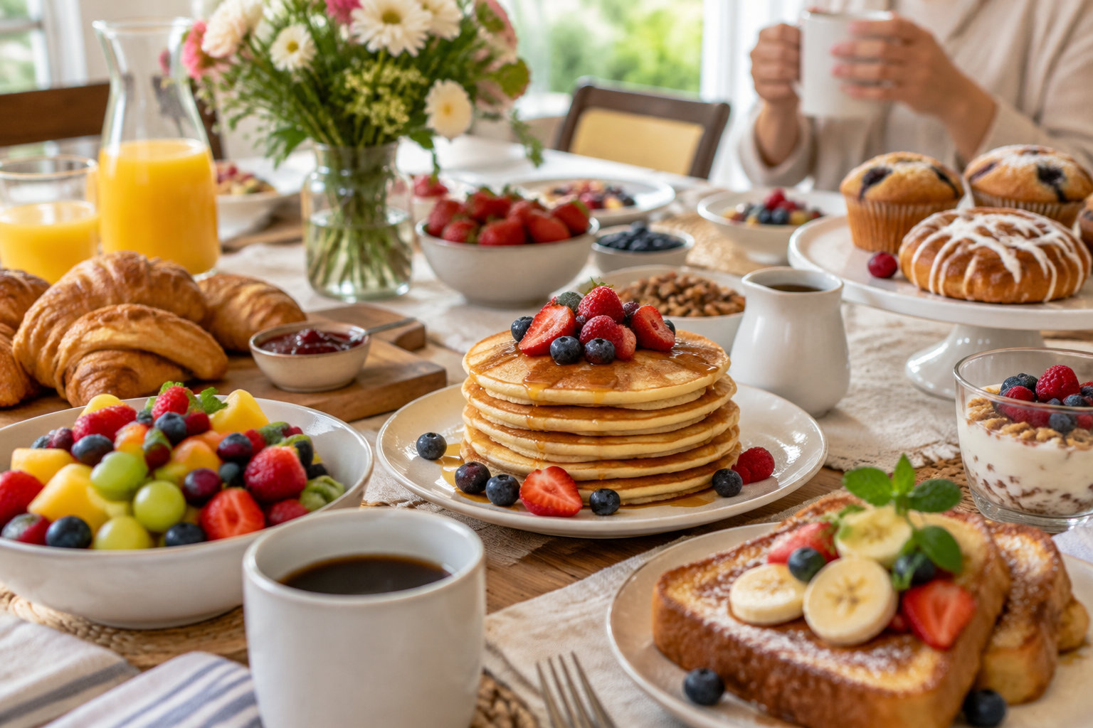 Une table de petit-déjeuner garnie de crêpes, de pain perdu, de viennoiseries, de fruits, de jus d’orange et de café, avec une personne tenant une tasse à l’arrière-plan.