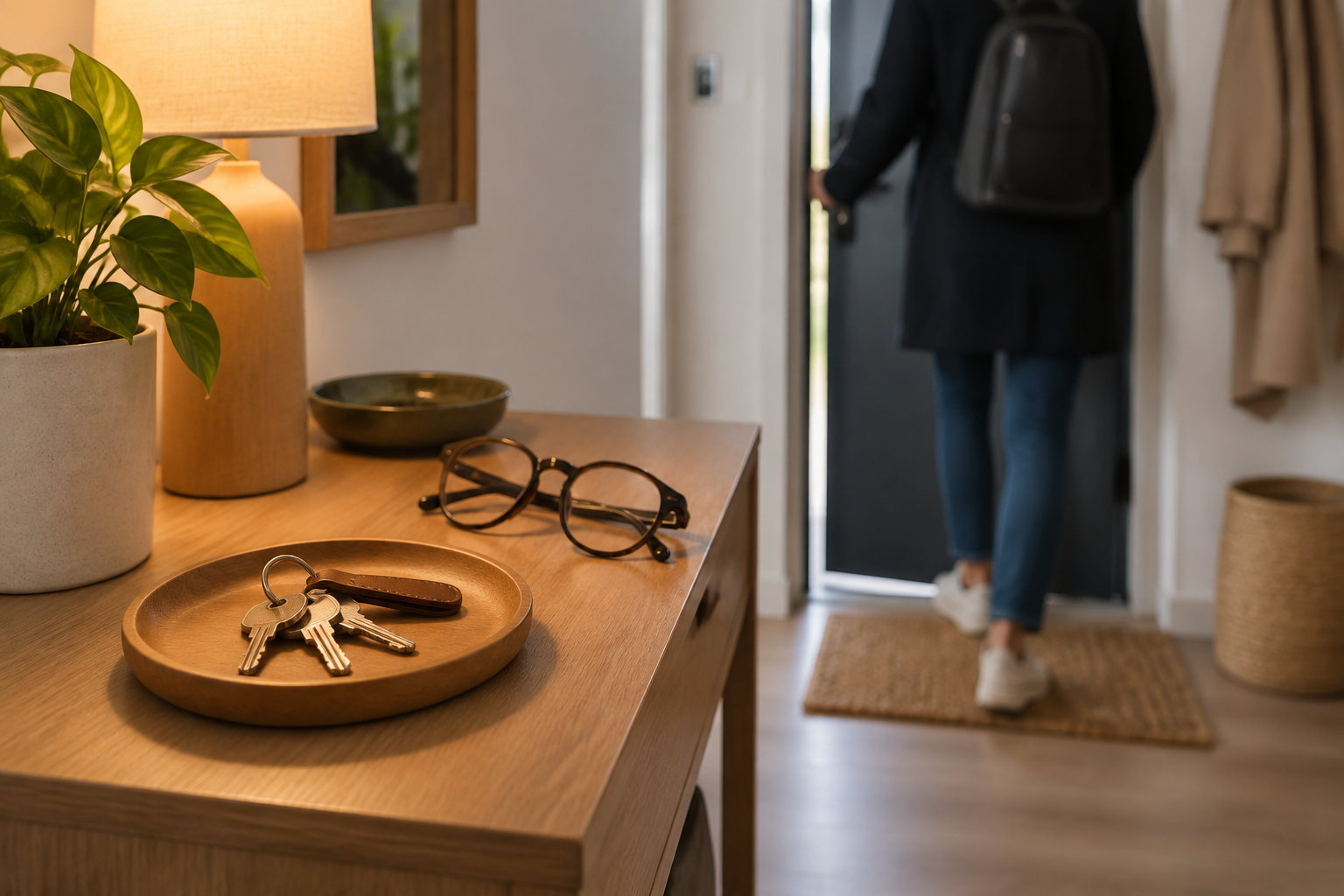 Des clés et une paire de lunettes reposent sur une console en bois, tandis qu’une personne portant un sac à dos franchit la porte d’entrée.