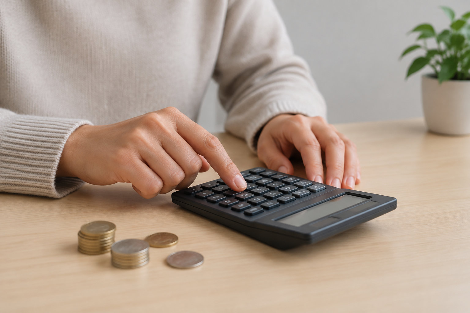 Une personne appuie sur les touches d’une calculatrice posée sur une table, près de quelques pièces de monnaie et d’une plante en pot.