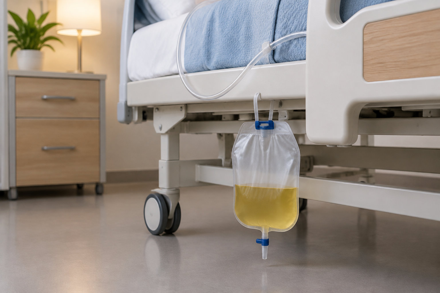 Une poche transparente contenant un liquide jaune est suspendue au côté d’un lit médical, dans une chambre avec une table de chevet, une lampe et une plante.