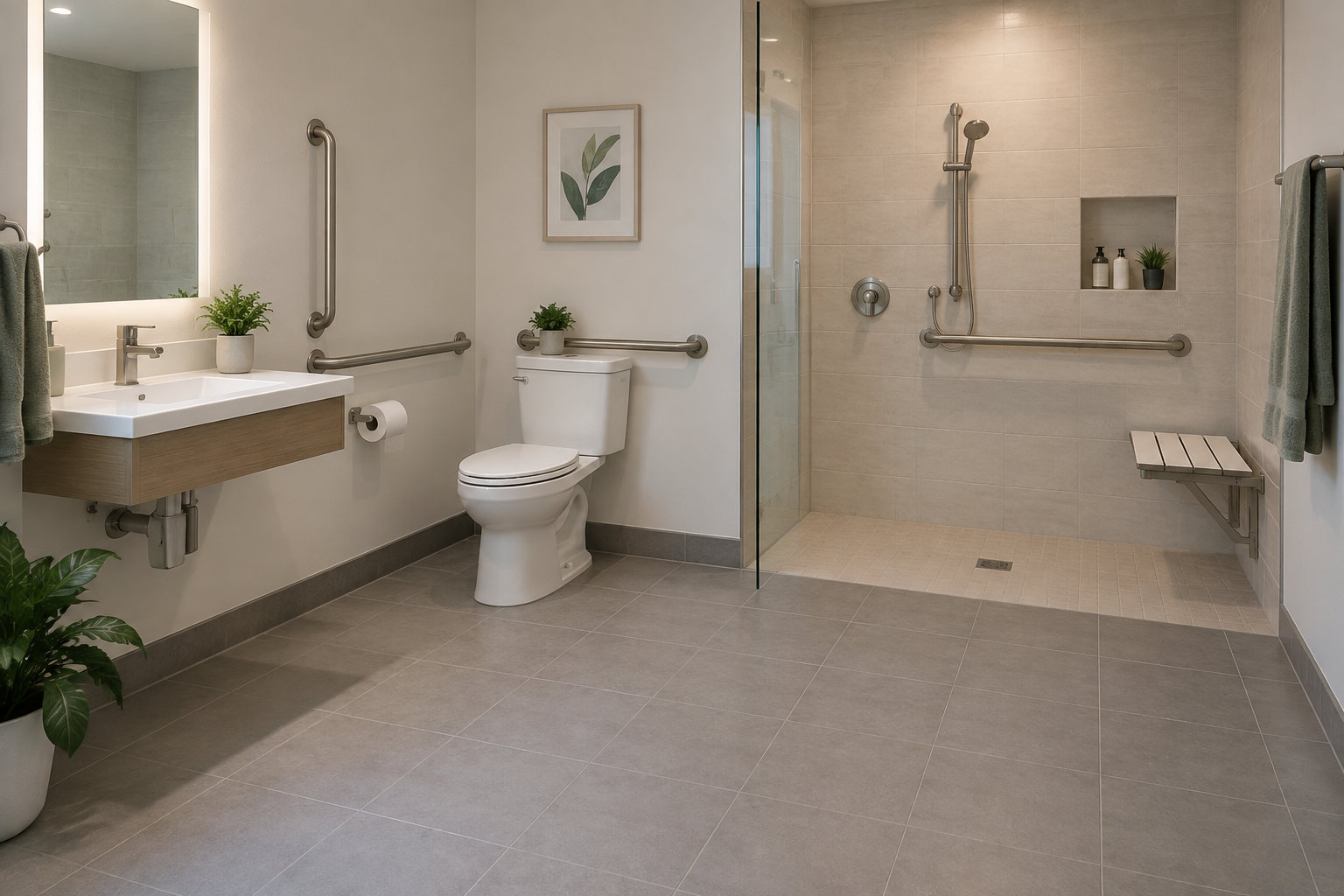 Une salle de bains carrelée avec lavabo, toilettes, douche à l’italienne, barres d’appui et siège rabattable.