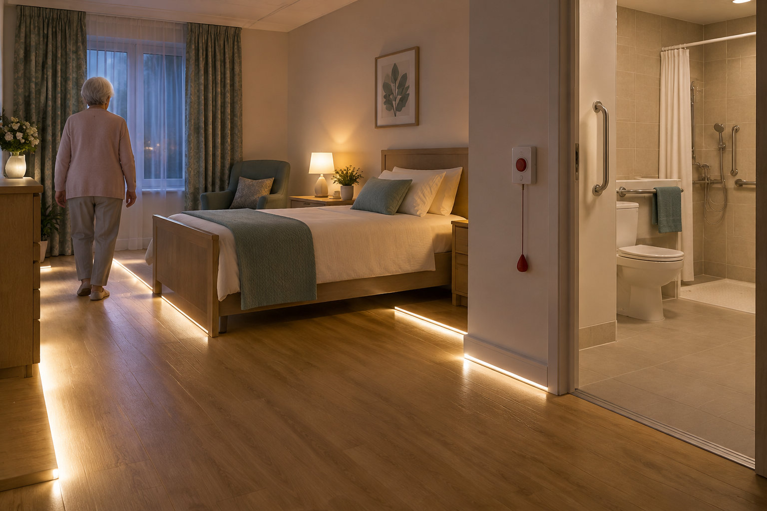 Une personne âgée se dirige vers une fenêtre dans une chambre aménagée avec un lit, un fauteuil et une salle de bain attenante.