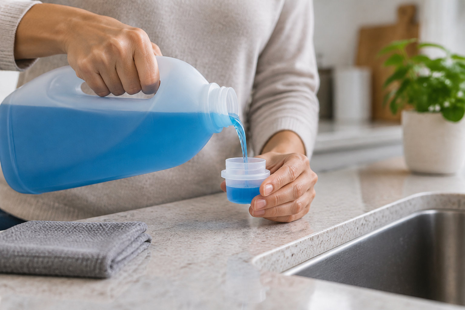 Une personne verse un liquide bleu d’un grand bidon dans un petit bouchon doseur, près d’un évier.
